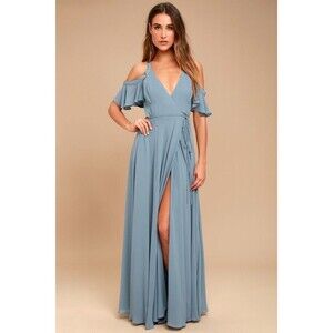 Privacy Please Cold Shoulder Wrap Maxi Dress Flutter Blue Medium Goddess Sexy NW